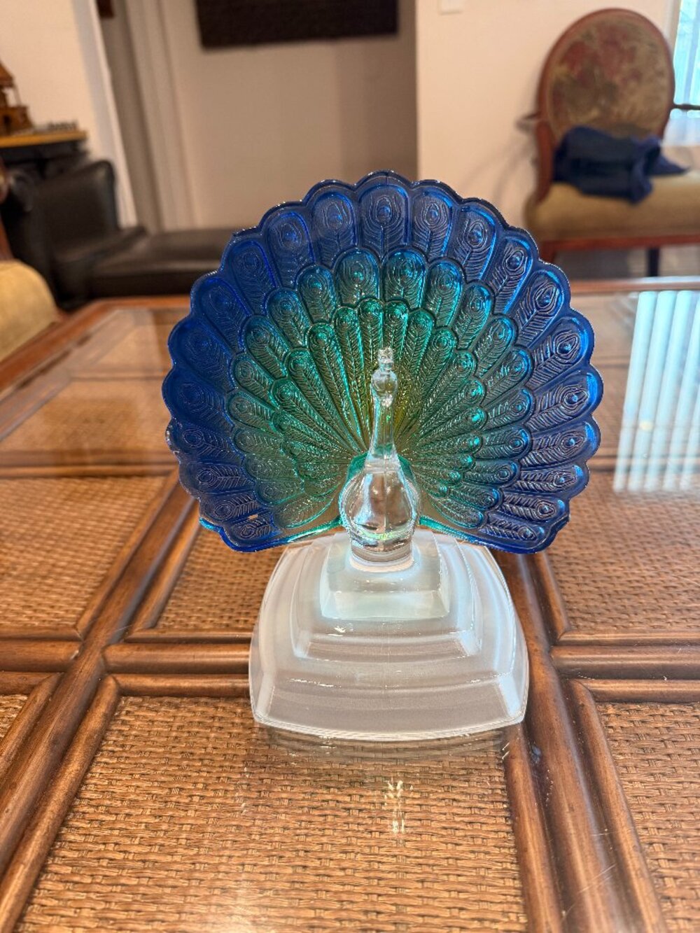 Glass Peacock Figurine Blue Green Spread Tail 8" Height